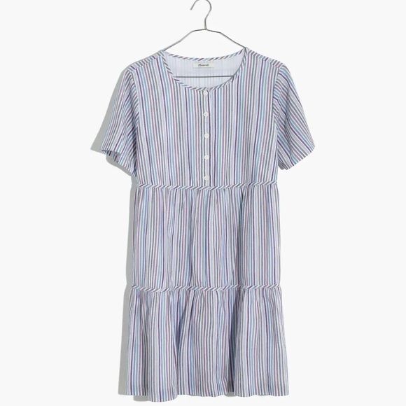Madewell Striped Crewneck Button-Front Tiered Mini Dress, Size Small - Picture 1 of 8